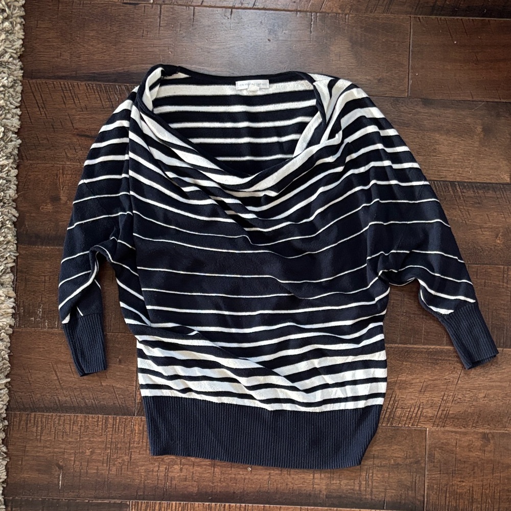 New York & Company Navy and White Striped Cowl Neck Sweater